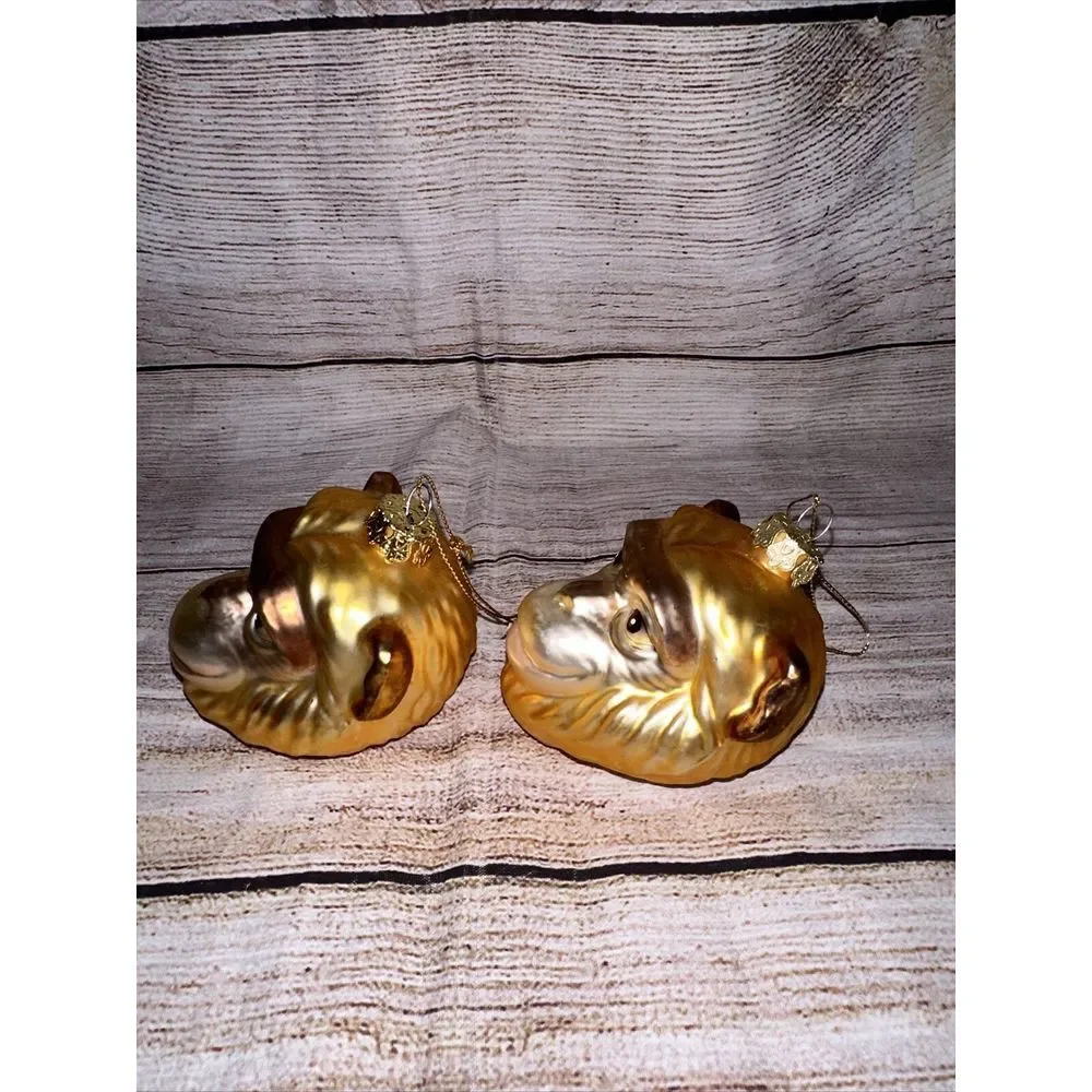 Set of 2 Monkey Head Glass Christmas Ornaments‎ Gold Safari Jungle Chimpanzee